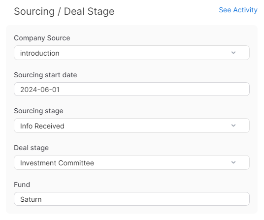 Screenshot of Deal Sourcing and Deal Stage data