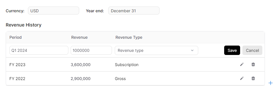 Screen shot of Company financials with currency and year end